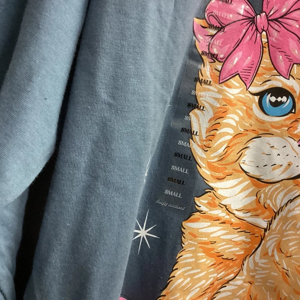 Simply Southern Karma Is A Cat Graphic Long Sleeve T-Shirt Women's‎ S Dusty Blue